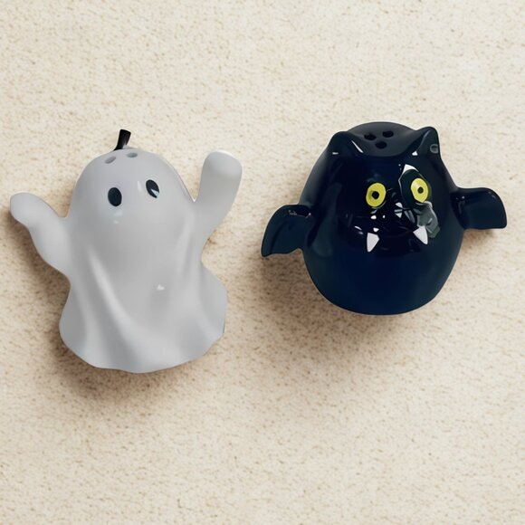 Vintage Halloween Bat & Ghost Salt and Pepper Shakers – Ceramic Kitchen Décor - Picture 1 of 7